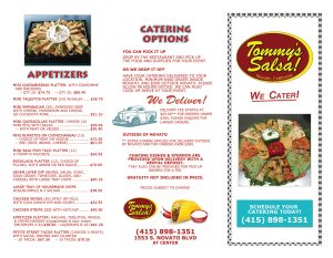 Tommy's Salsa Catering Menu Page 1