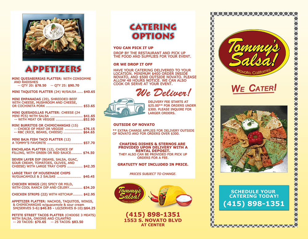 Tommy's Salsa Catering Menu Page 1